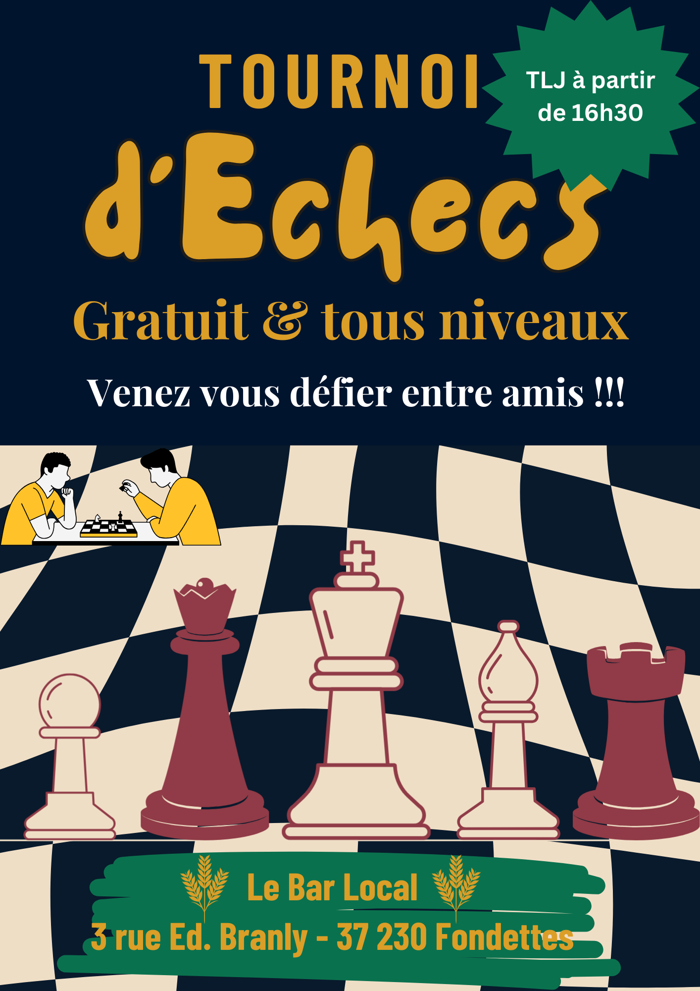 Chaque soir à partir de 16h30, venez avec vos amis ou collègues de club, faire une ou plusieurs parties d'échecs au Bar Local.